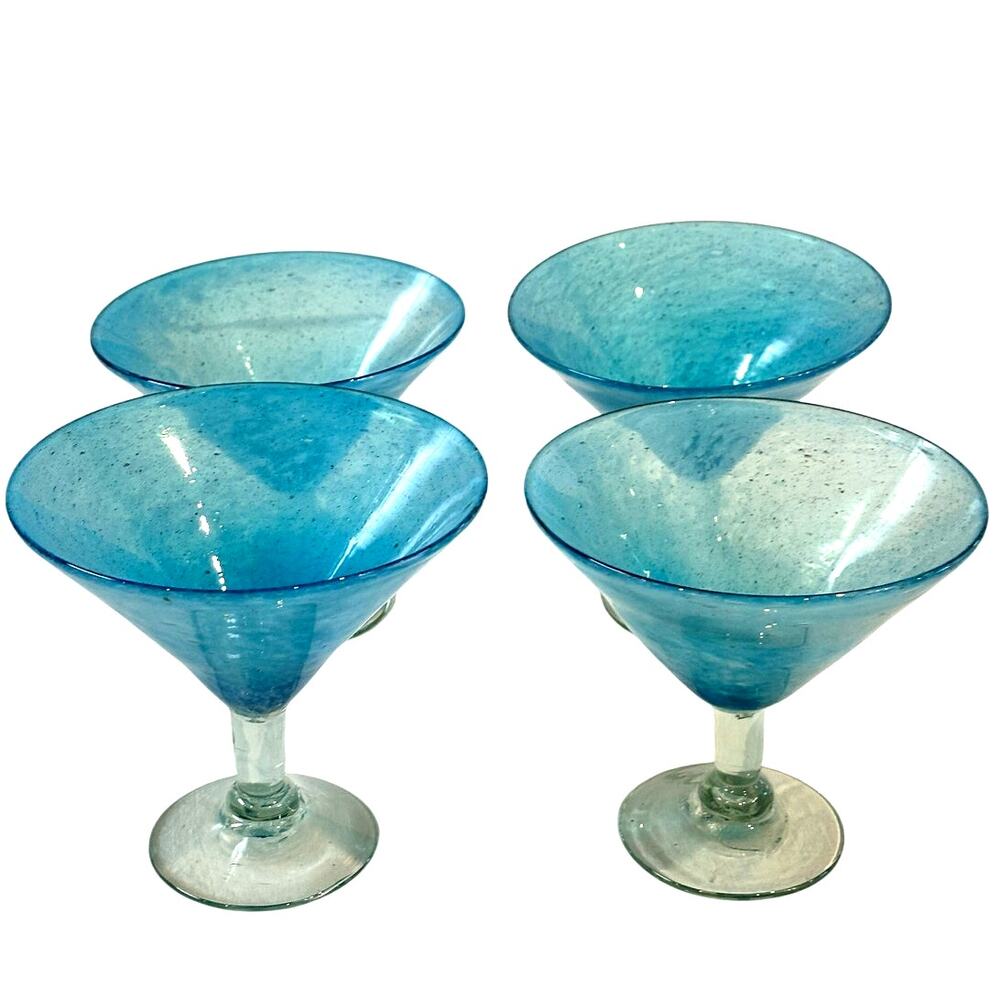 Crate and Barrel Calypso Aqua Handblown Seeded Martini Dessert Glasses-Set of 4